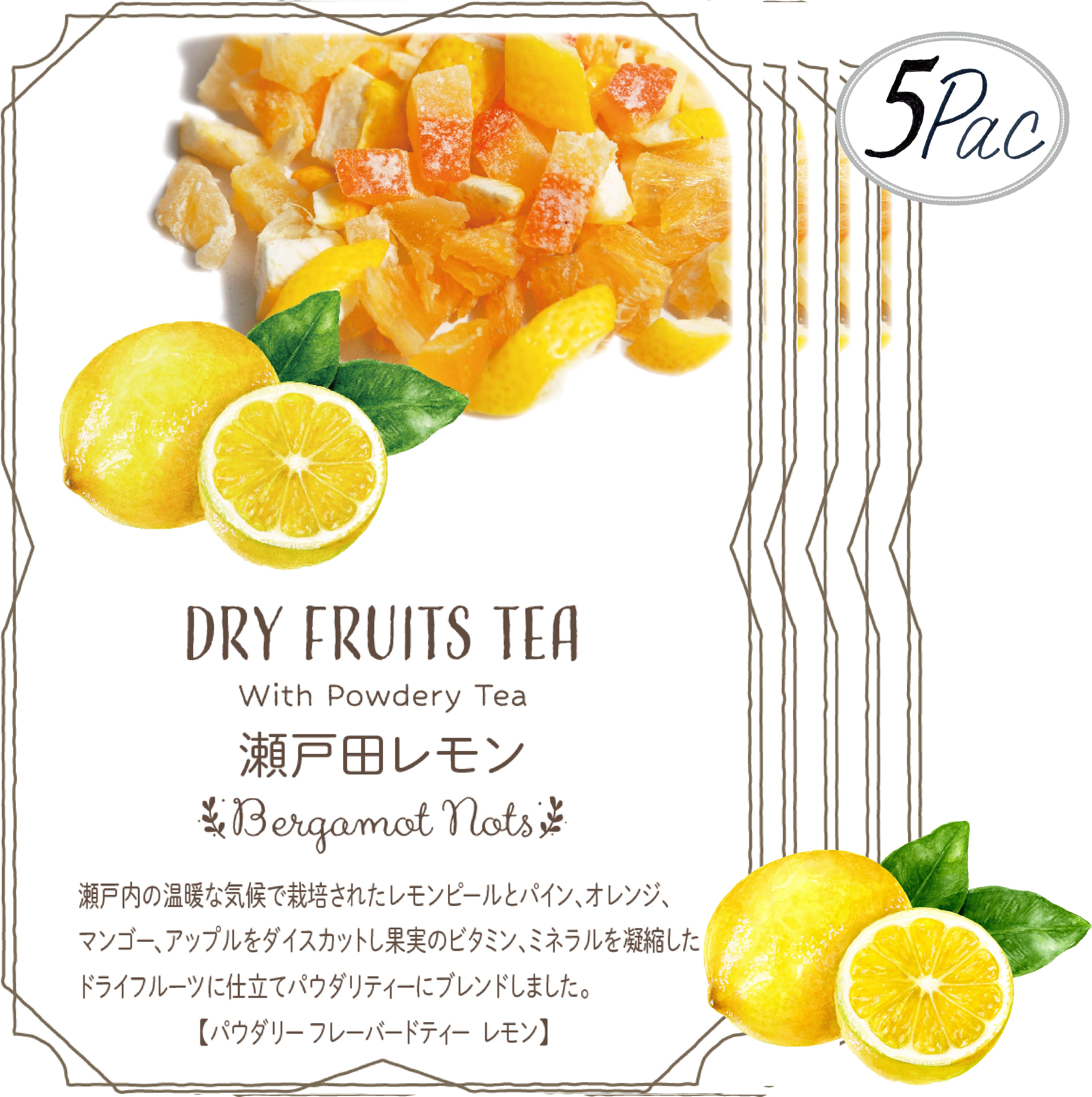 ドライフルーツティー 【瀬戸田レモン】 パウダリー紅茶 食べれるダイスカットドライフルーツ10g×5パックセット 国内製造 プチギフトプレゼントにも Botanical lab ドライレモン ドライパイナップル  オレンジピール ドライマンゴー ドライアップル  レモンティ