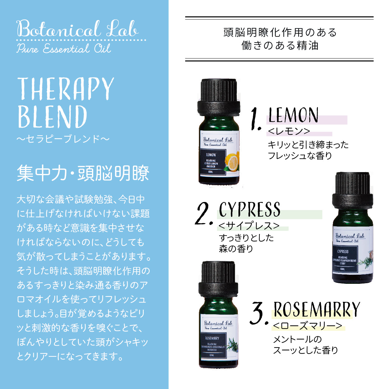 Botanical lab アロマオイル セラピーグレード 3本セット “集中力・頭脳明瞭“に アロマテラピー エッセンシャルオイル 精油